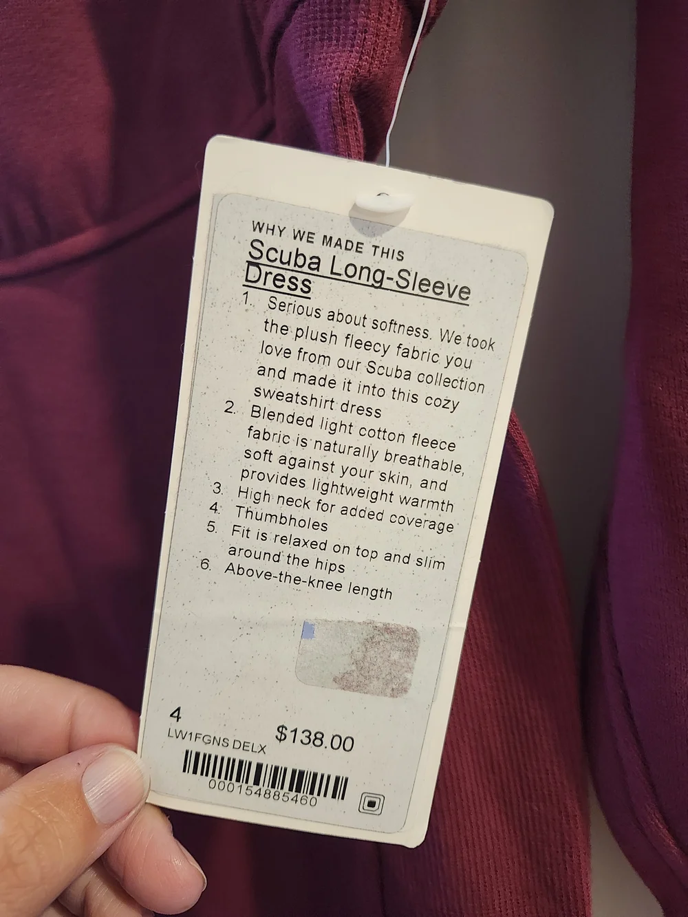 NWT lululemon Scuba Long-Sleeve Dress Deep Luxe Burgundy Sweatshirt Dress Size 4